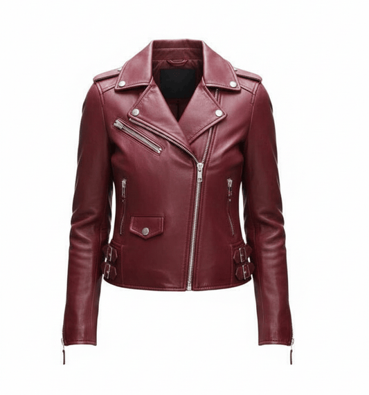 Maroon leather jacket on a white background