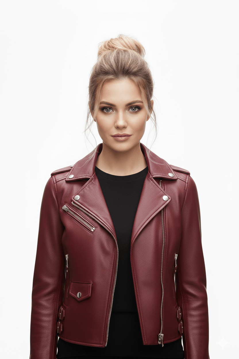 Woman wearing a maroon leather jacket on a white background