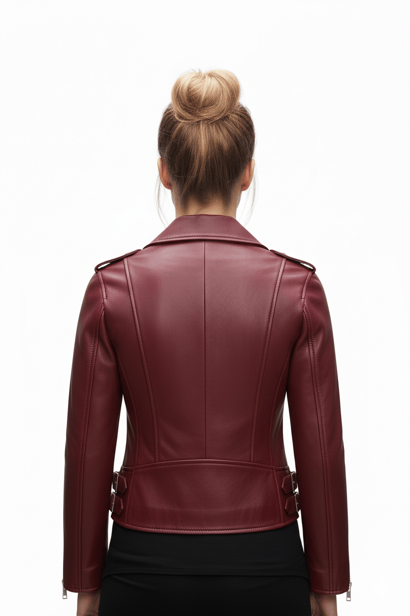 Maroon leather jacket worn by a person on a white background