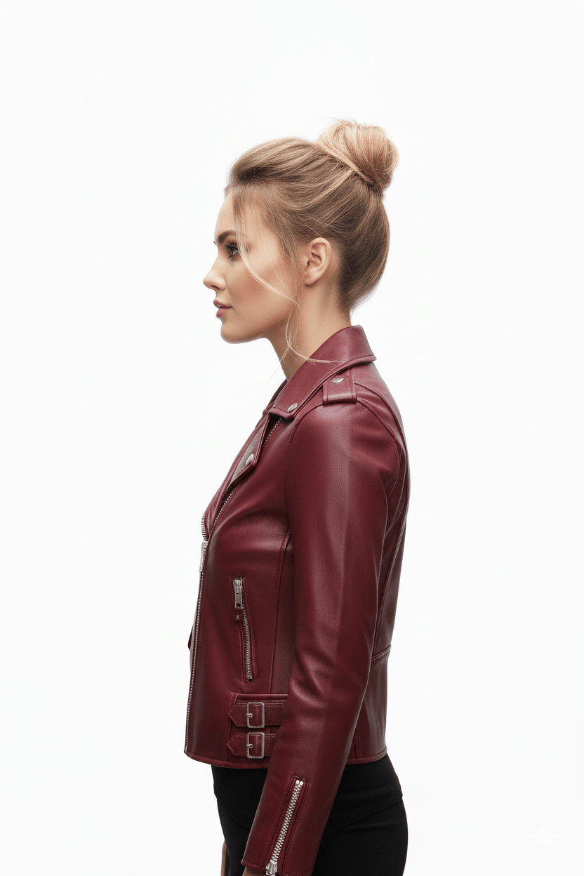 Woman wearing a burgundy leather jacket on a white background