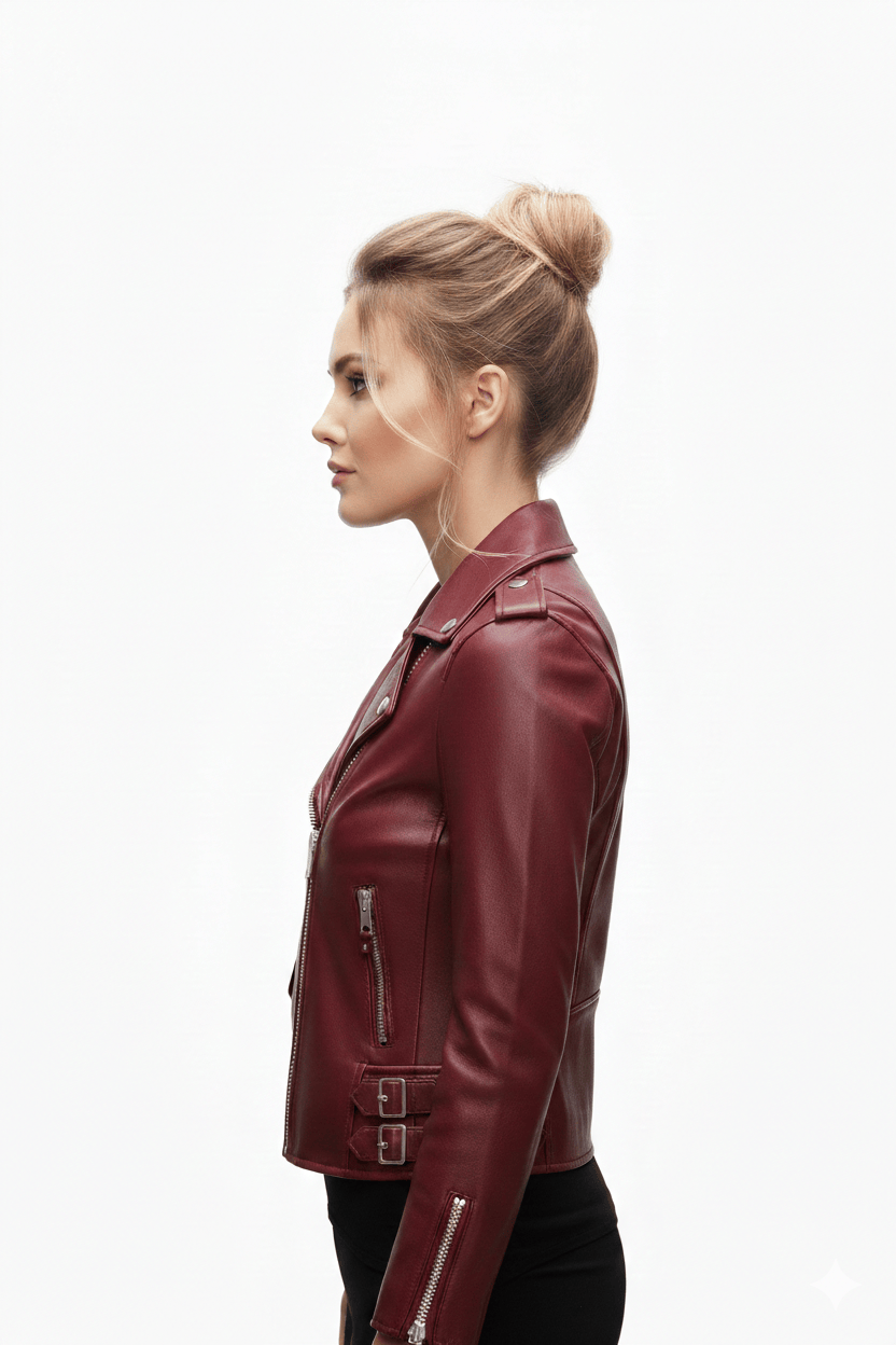 Women’s Burgundy Lambskin Leather Moto Jacket