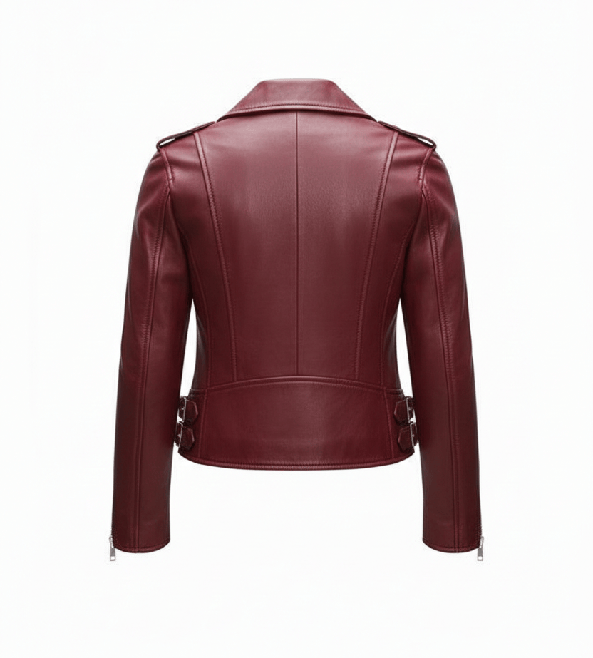 Maroon leather jacket on a white background