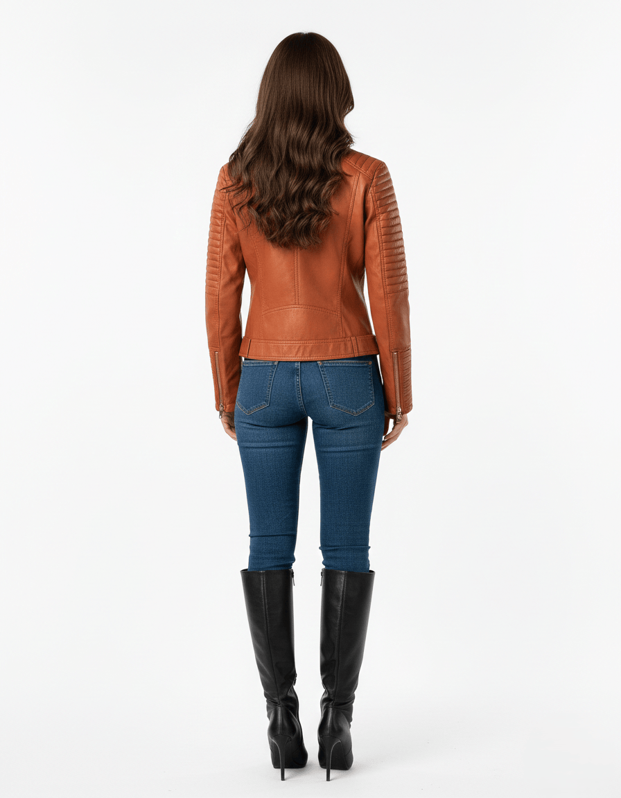 Person wearing a brown leather jacket, blue jeans, and black boots on a white background