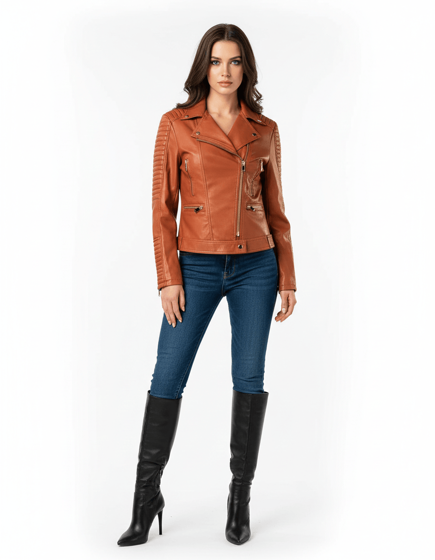 Woman wearing a brown leather jacket, blue jeans, and black knee-high boots on a white background