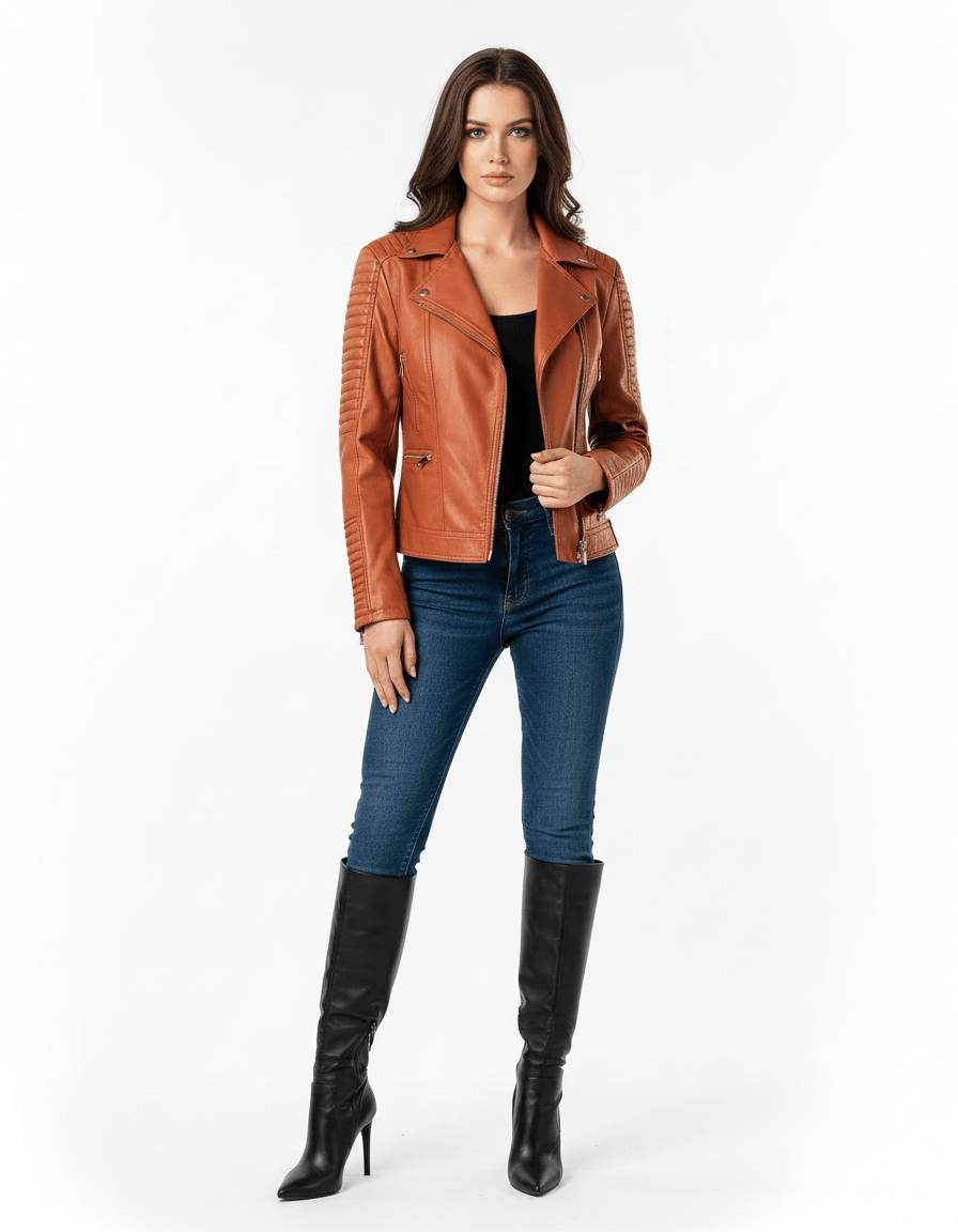 Woman wearing a brown leather jacket, blue jeans, and black knee-high boots on a white background