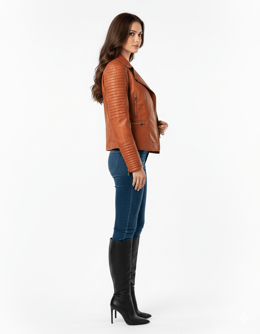 Woman wearing a brown leather jacket, blue jeans, and black knee-high boots on a white background