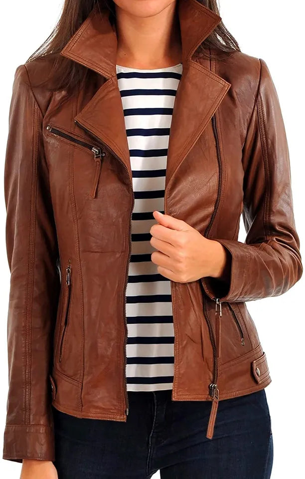 Women's Lambskin Leather Motorcycle Jacket - Stylish Biker Soft Jacket Luxequir Vogue