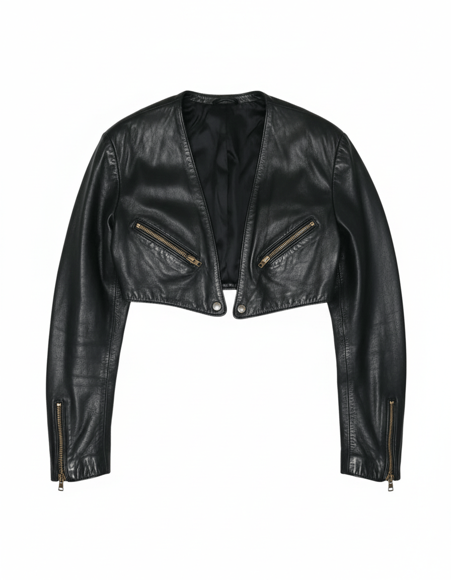Black leather jacket with gold zippers on a white background