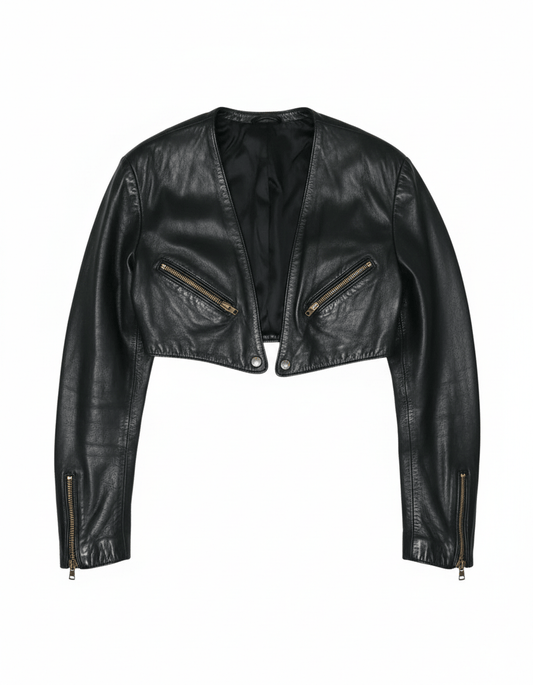 Black leather jacket with gold zippers on a white background