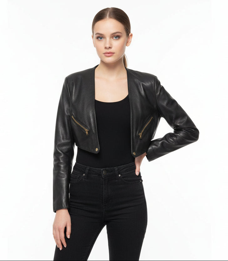 ZipperEdge Women's Lambskin Cropped Shrug - Slim Fit Bolero Jacket Luxequir Vogue