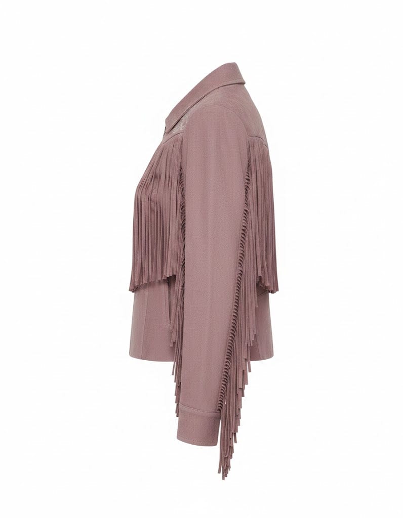 Mauve jacket with fringe details on a white background