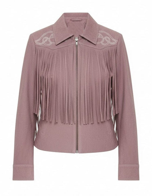 Pink fringed jacket with embroidered details on a white background