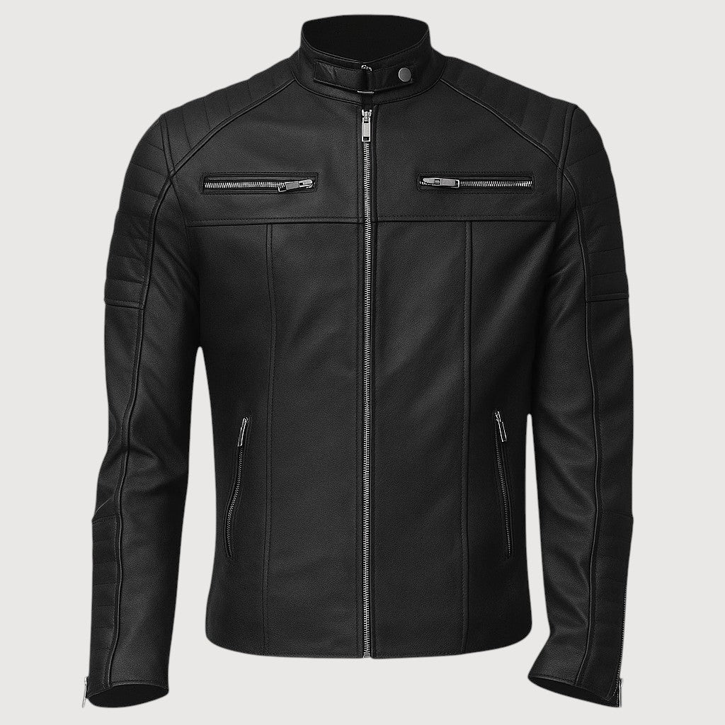 Luxequir Vogue black leather moto jacket with a mandarin collar, silver zip closures, and quilted shoulder detailing.