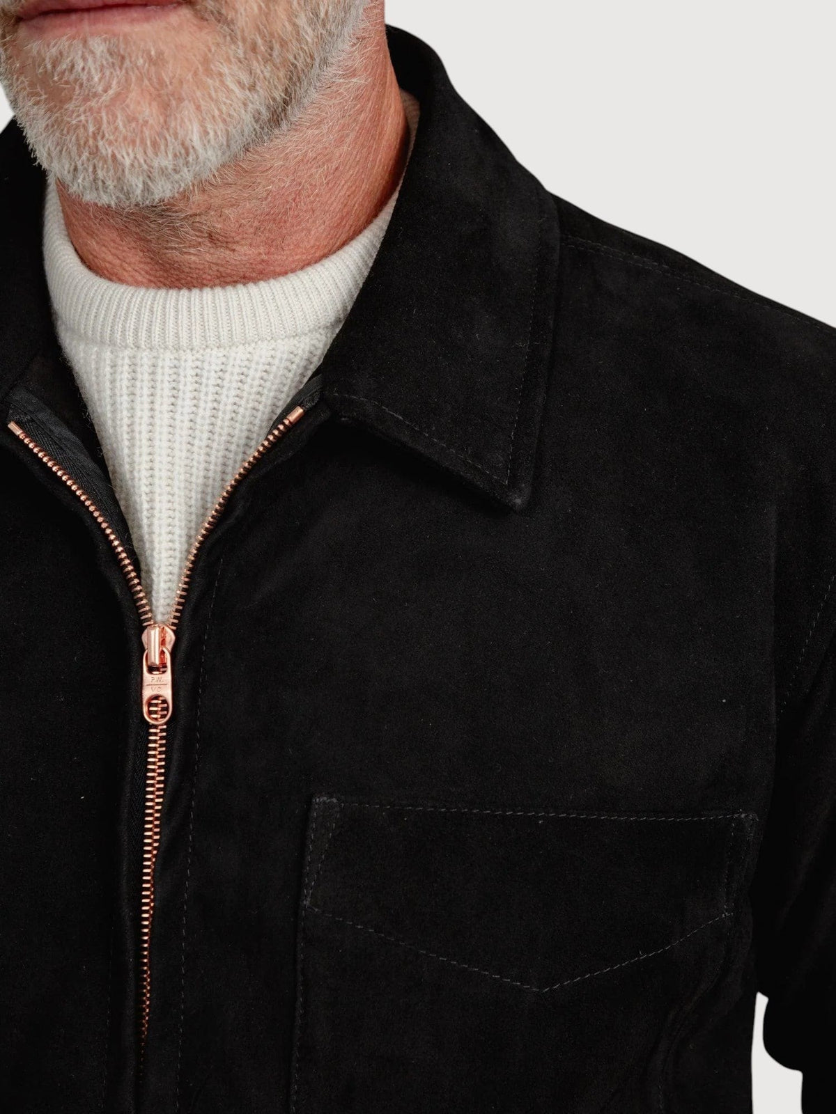 Luxequir Vogue black suede overshirt featuring a polished copper zipper and structured collar on a male model
