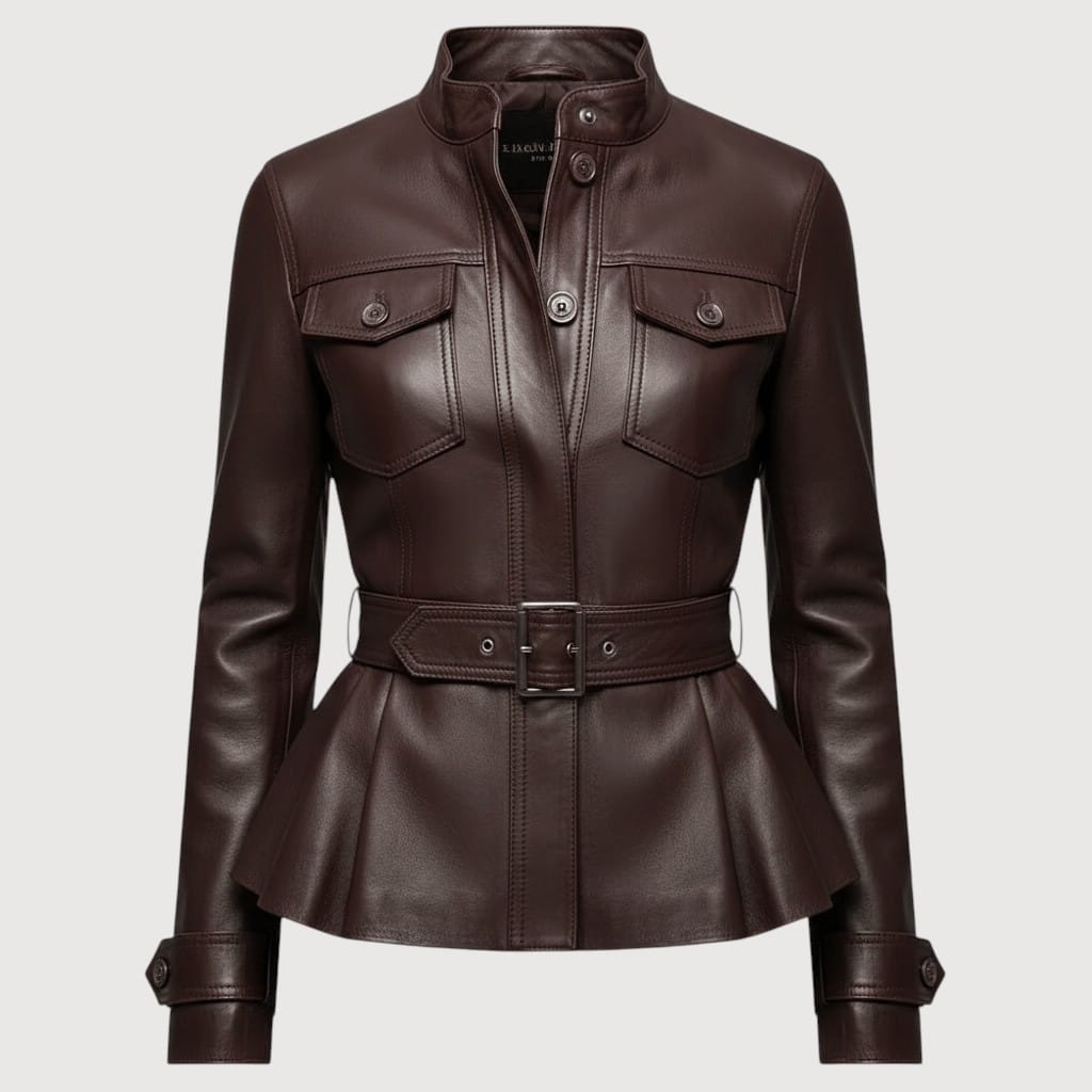 Luxequir Vogue chocolate brown genuine leather peplum jacket with a stand collar, belted waist, and button front.