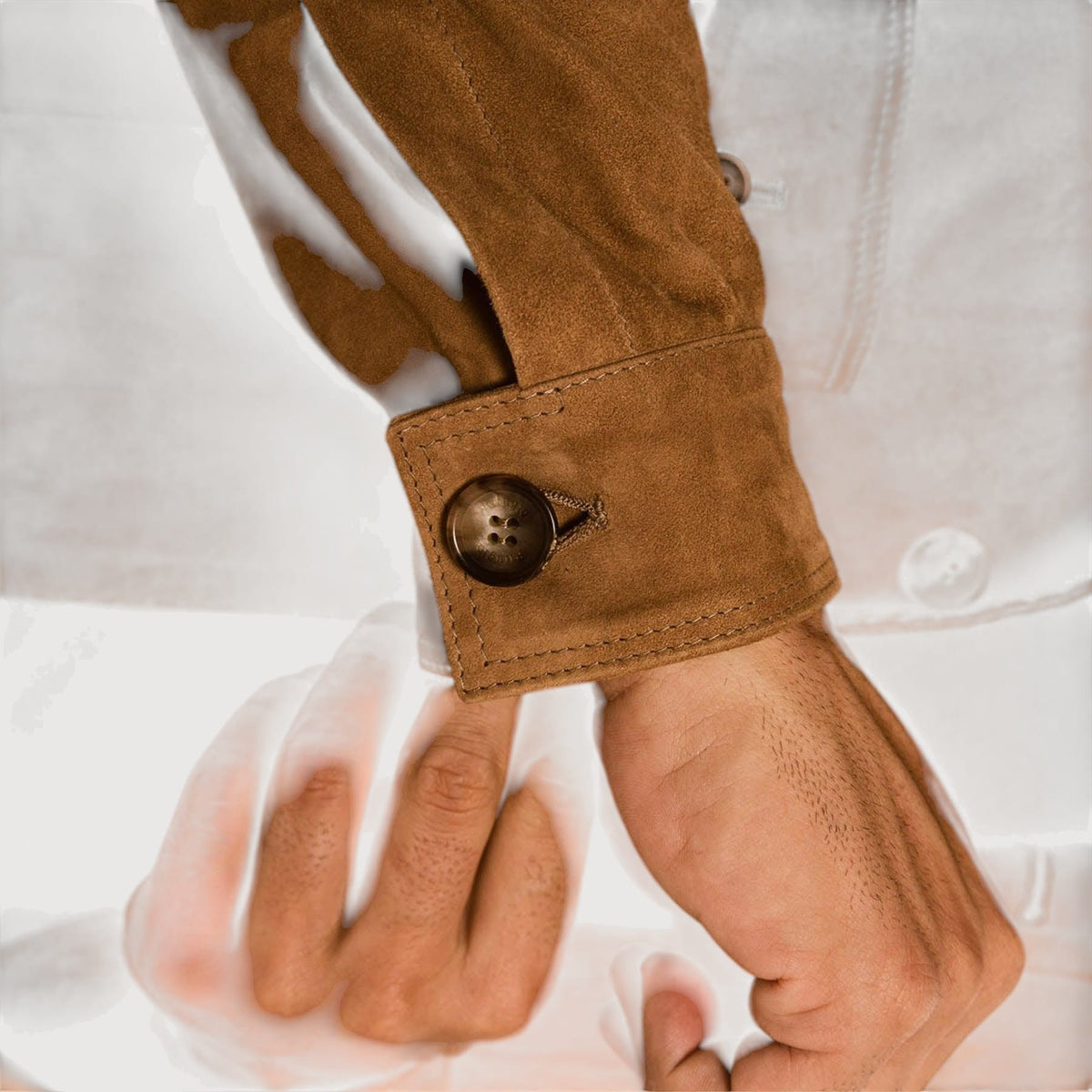 Luxequir Vogue handmade brown reverse suede safari jacket sleeve detail with buttoned cuff