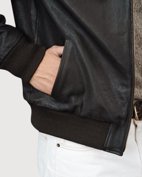 Luxequir Vogue Beaumont leather bomber jacket in deep earth brown with ribbed hem and side zip pocket detail