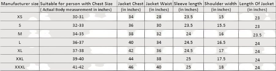 Luxequir Vogue women's leather jacket size chart showing chest, waist, sleeve, and shoulder measurements in inches.