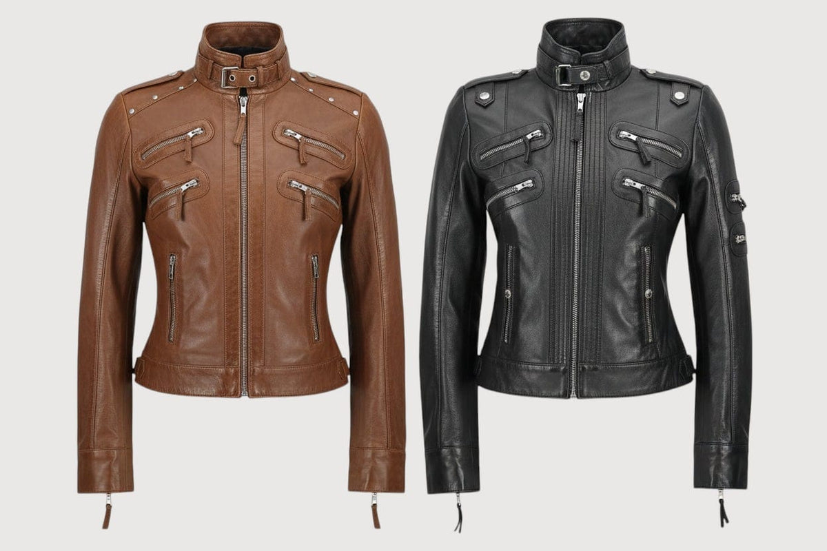 Luxequir Vogue slim fit leather moto jackets in brown and black with structured collars and silver zip detailing.