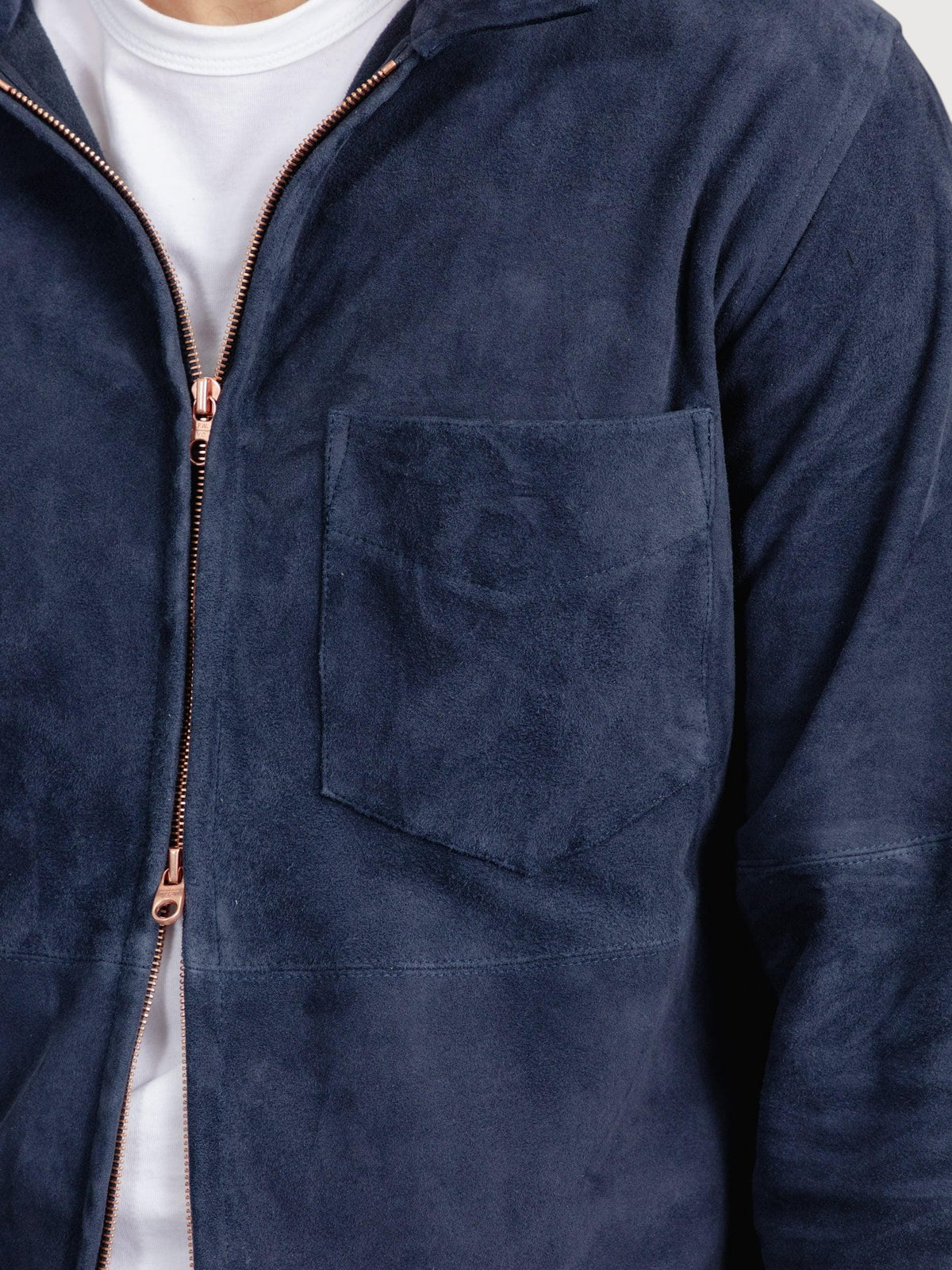 Luxequir Vogue navy suede panelled overshirt with a front chest pocket and metallic zipper closure