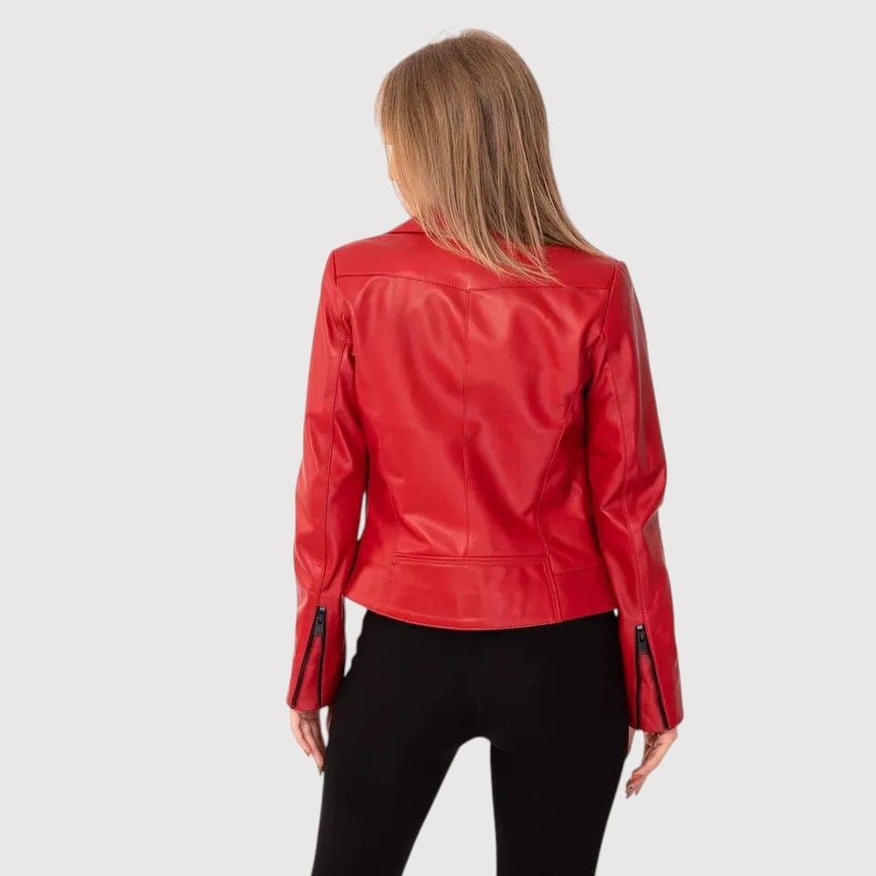 Back view of a woman wearing a Luxequir Vogue red lambskin leather biker jacket with zippered cuffs and slim fit.