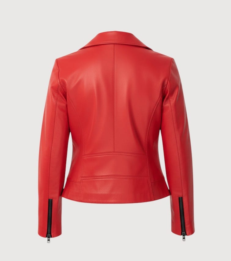 Back view of Luxequir Vogue Scarlet Vortex red lambskin leather biker jacket with zippered cuffs and tailored fit.