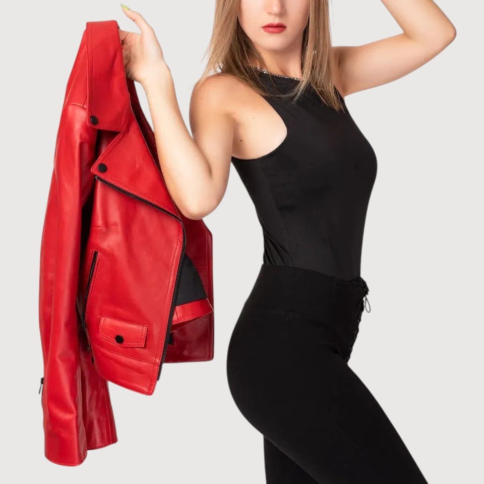Luxequir Vogue Scarlet Vortex red lambskin leather biker jacket held by a model wearing a black bodysuit and leggings.