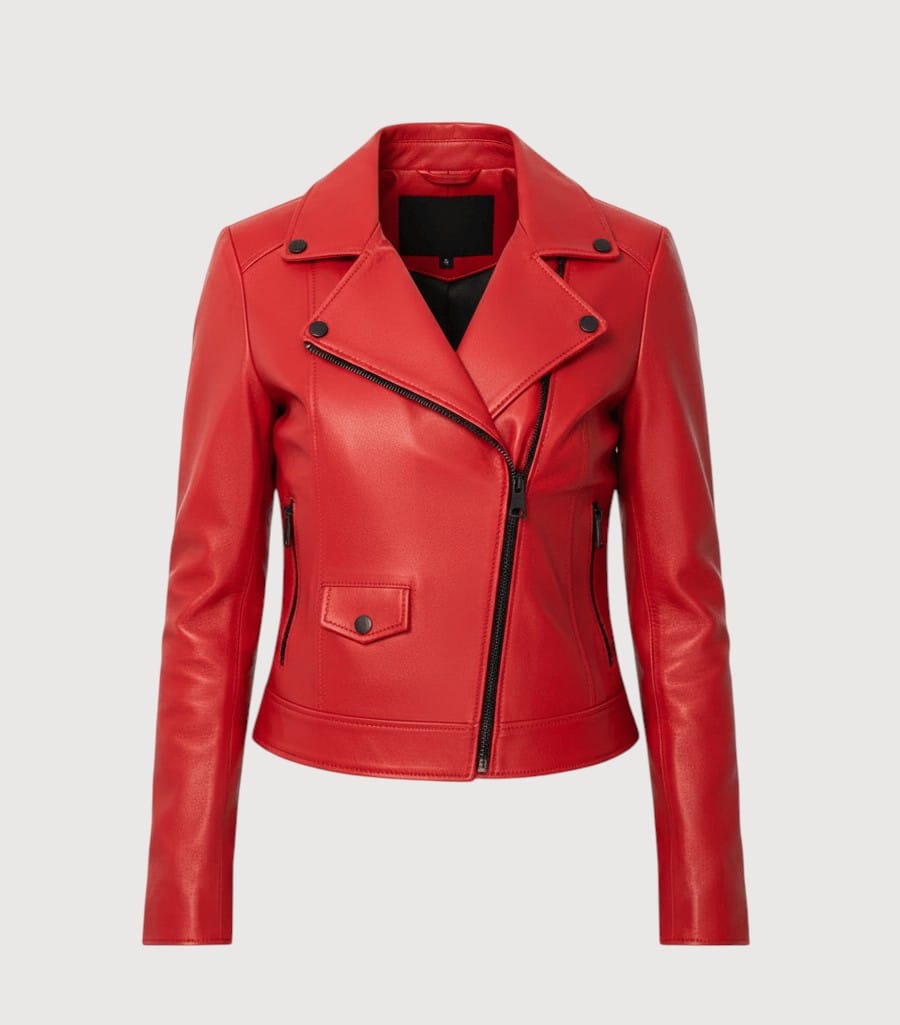 Luxequir Vogue Scarlet Vortex red lambskin leather biker jacket with asymmetrical zipper and structured lapels.