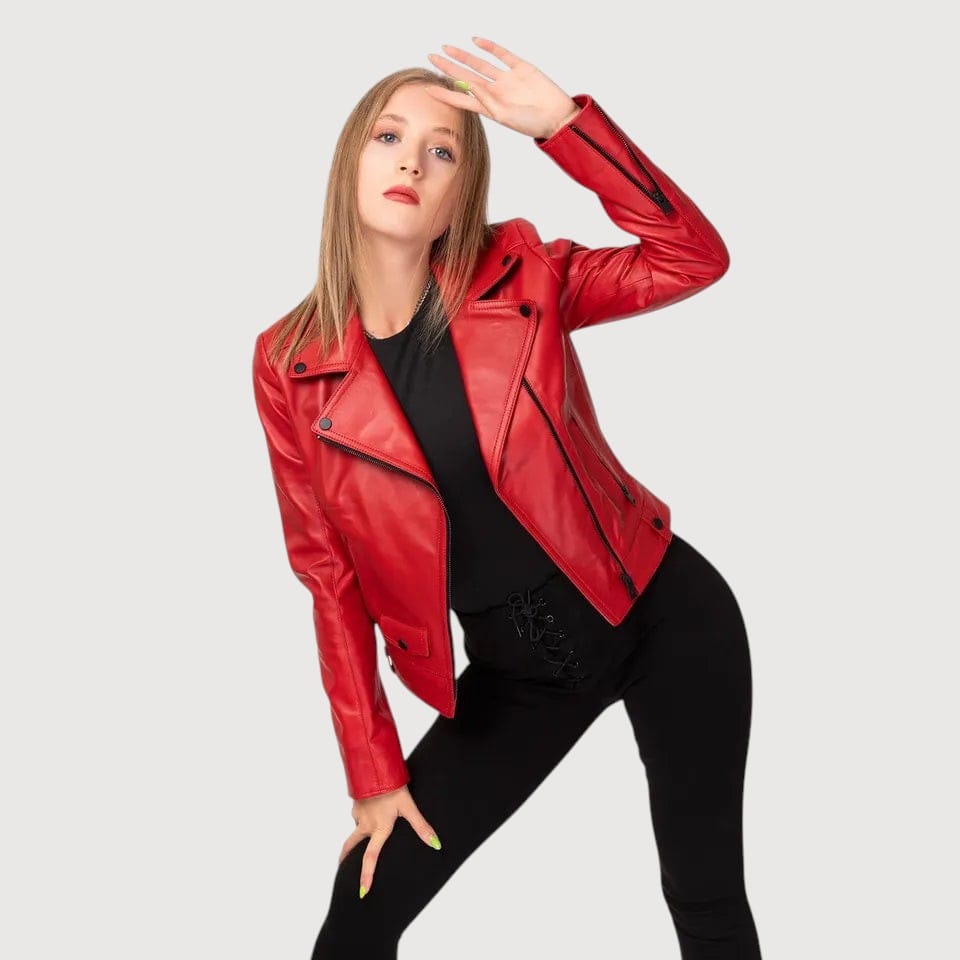 Luxequir Vogue Scarlet Vortex red lambskin leather biker jacket with asymmetrical zipper worn by a blonde model