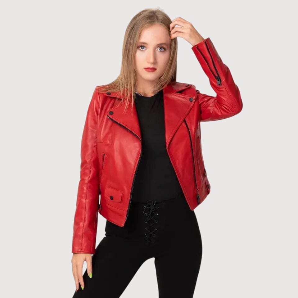 Luxequir Vogue red lambskin leather biker jacket with asymmetrical zipper worn by a blonde model on a grey background