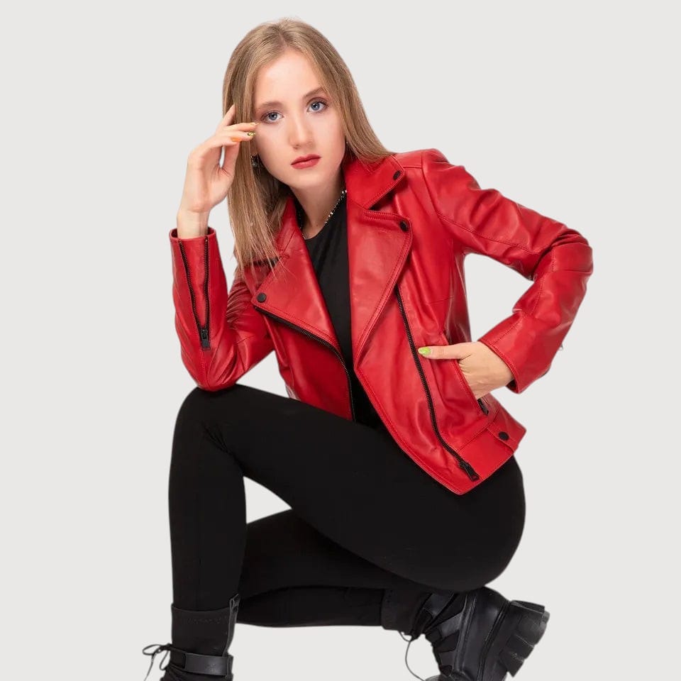Luxequir Vogue Scarlet Vortex red lambskin leather biker jacket with asymmetrical zipper worn by a blonde model