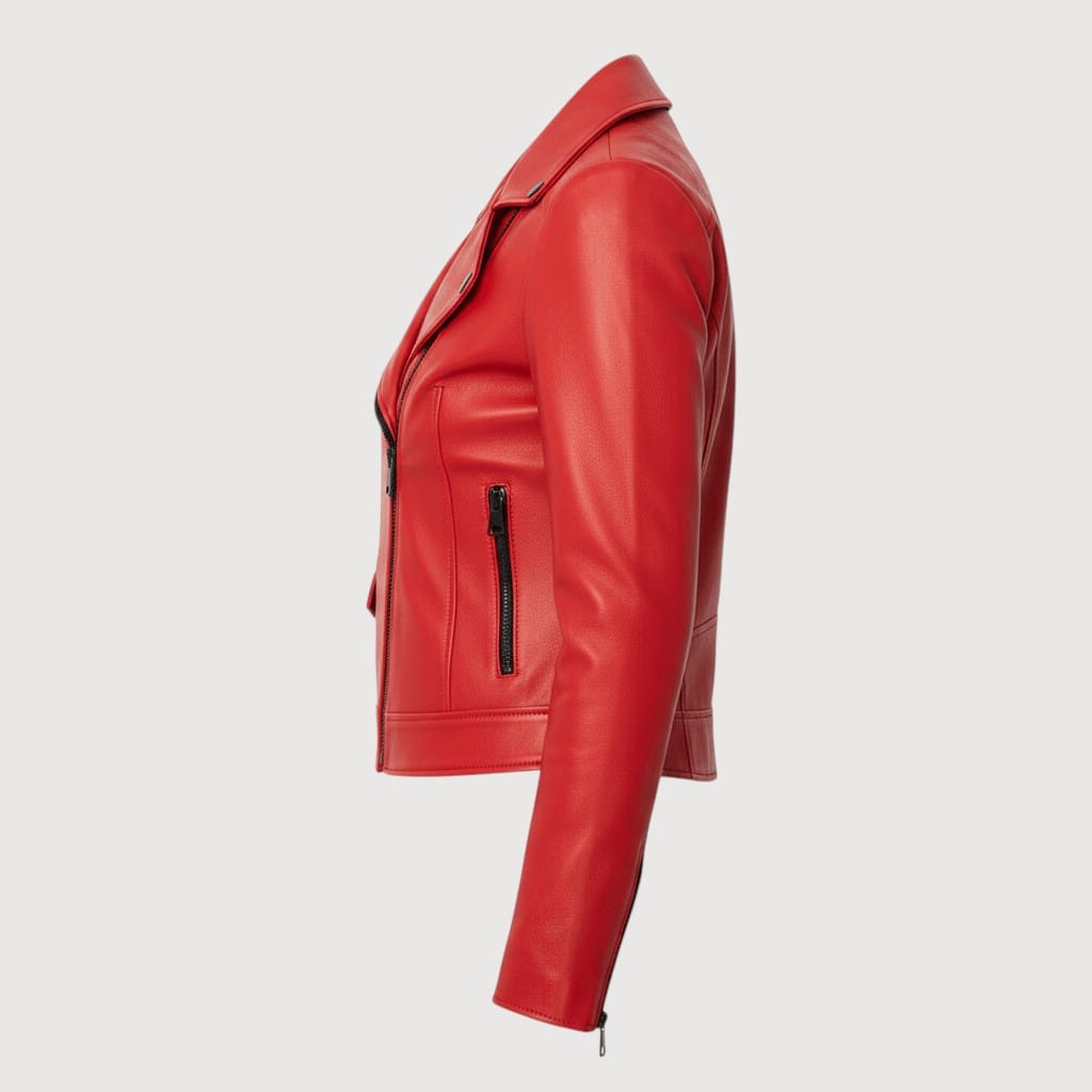 Luxequir Vogue Scarlet Vortex red lambskin leather biker jacket with asymmetrical zipper and slim tailored fit