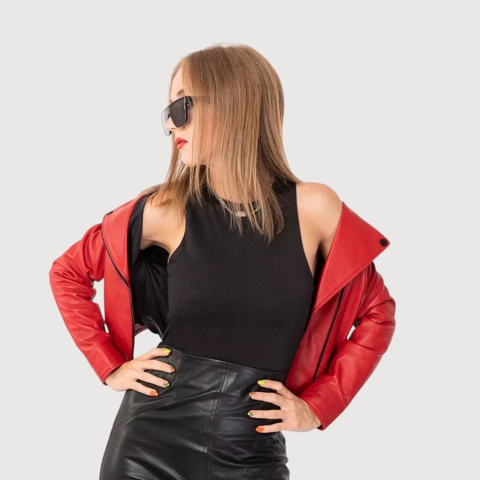 Luxequir Vogue Scarlet Vortex red lambskin leather biker jacket worn by a model in sunglasses and a black outfit