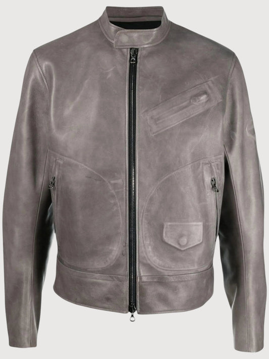 Luxequir Vogue slate grey genuine leather racer jacket with a zip-up front and functional side pockets.