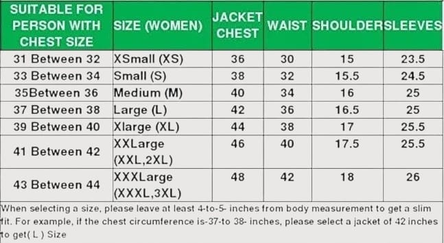 Luxequir Vogue size chart for women's leather biker jackets showing chest, waist, shoulder, and sleeve measurements.