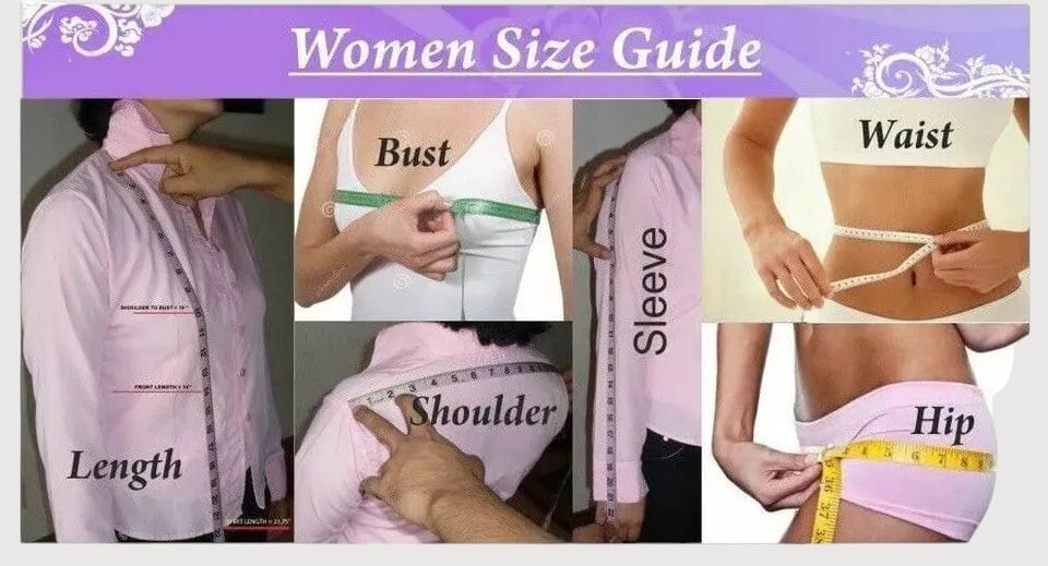 Luxequir Vogue women's clothing size guide showing how to measure bust, waist, hip, shoulder, sleeve, and length.